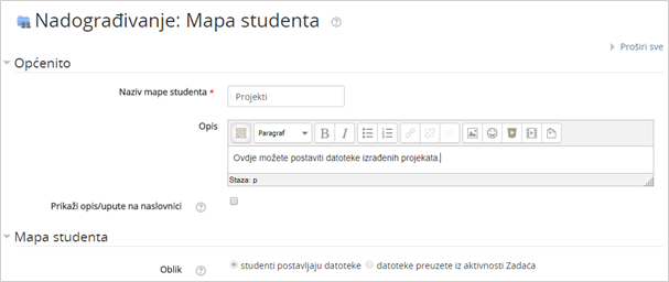 Postavke aktivnosti Mapa studenta