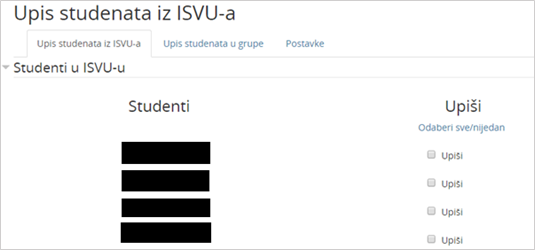 Kartica Upis studenata iz ISVU-a (imena studenata sakrivena su zbog zaštite osobnih podataka)