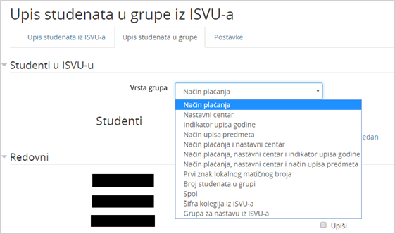 Kartica Upis studenata u grupe (imena studenata sakrivena su zbog zaštite osobnih podataka)
