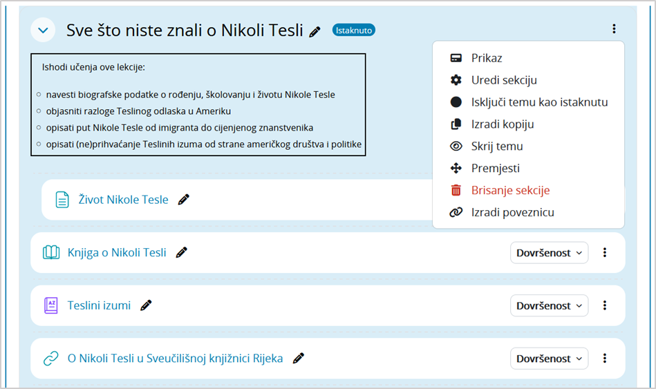 Prikaz istaknute teme e-kolegija