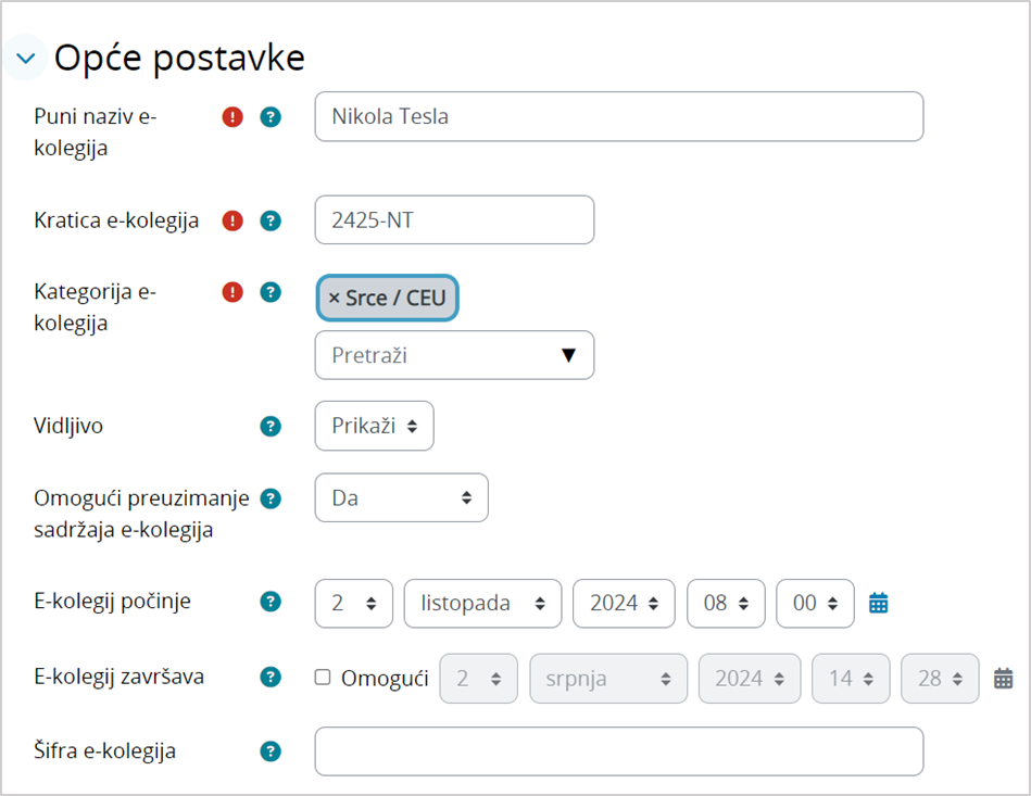 Postavke za uređenje e-kolegija