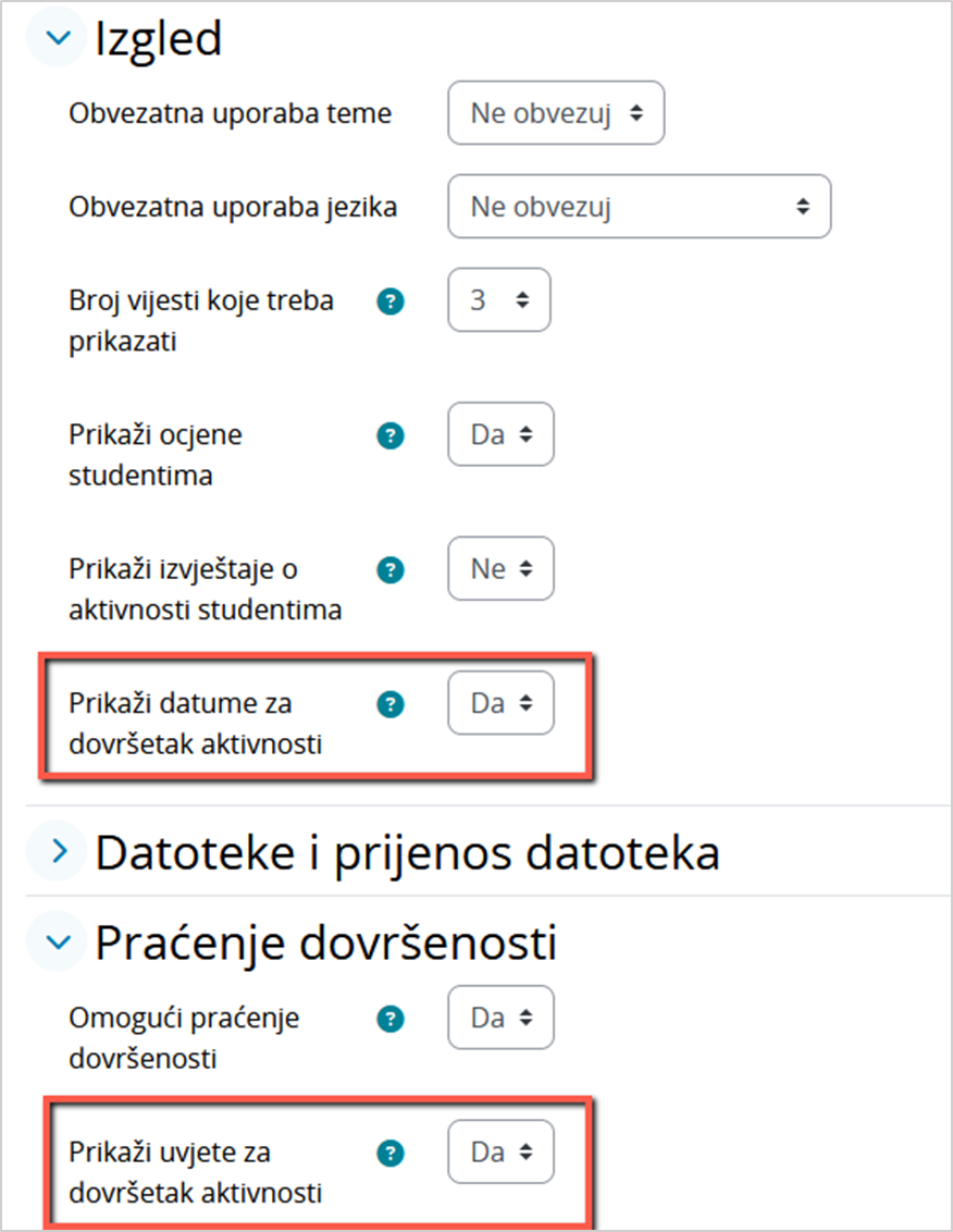 Postavke prikaza rokova i uvjeta za dovršetak aktivnosti na naslovnici e-kolegija