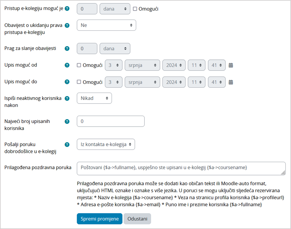 Postavke za samostalni upis studenata