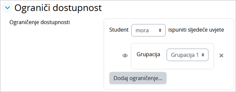 Dodavanje ograničenja Grupacija na aktivnost