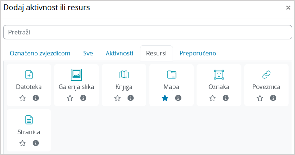 Izbornik za dodavanje aktivnosti ili resursa