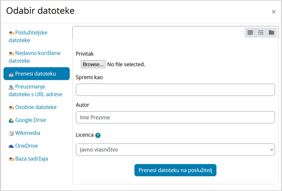 Sučelje za odabir datoteke i pristup repozitorijima