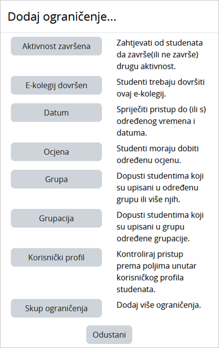 Sučelje za dodavanje ograničenja