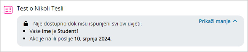 Primjer prikaza ograničenja na naslovnici e-kolegija iz pogleda studenta