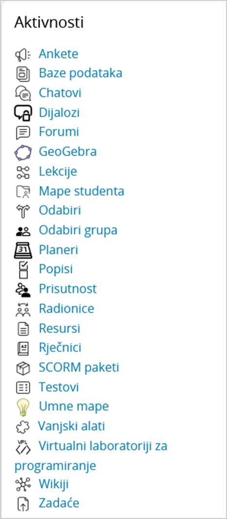 Popis aktivnosti i resursa u e-kolegiju