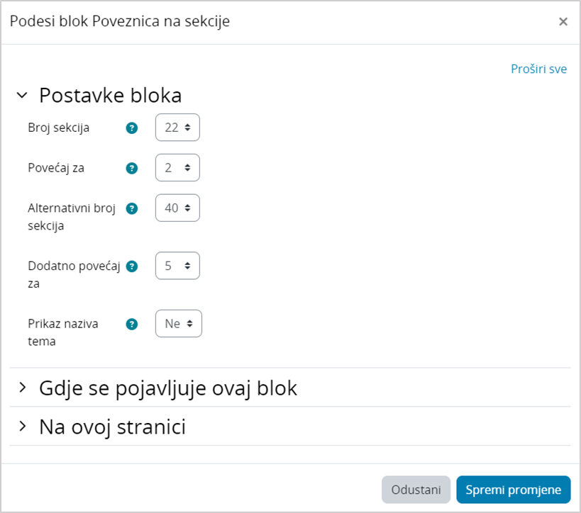 Postavke bloka Poveznica na sekcije