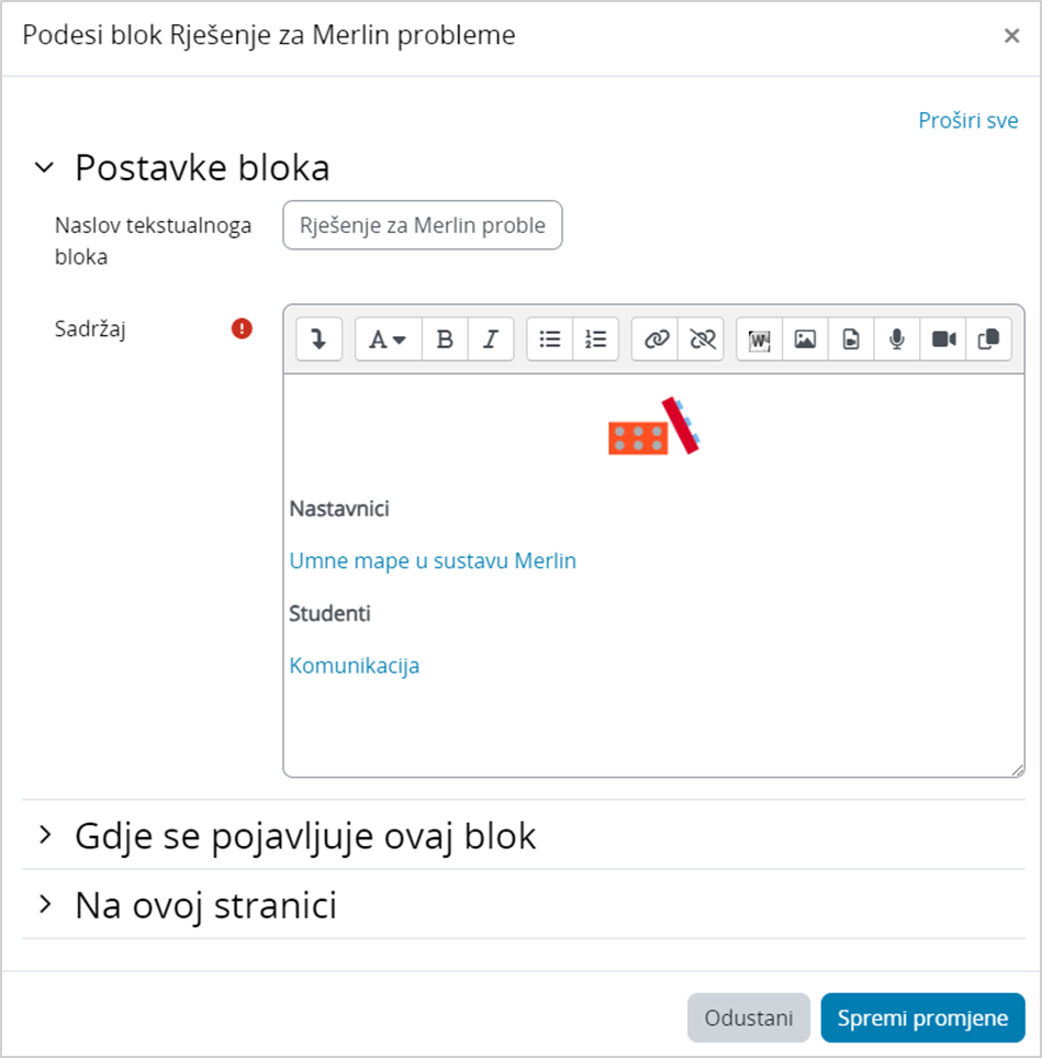 Postavke tekstualnog bloka