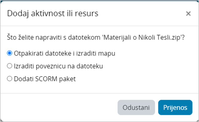 Otpakiranje datoteke i izrada mape