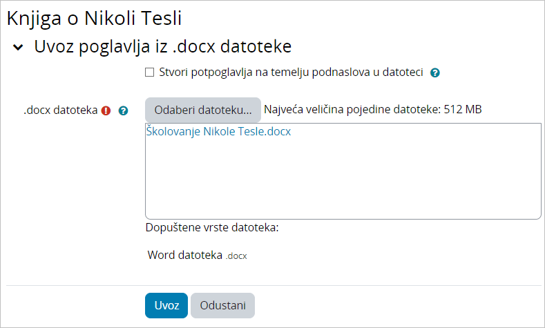 Dodavanje .docx datoteke u resurs Knjiga