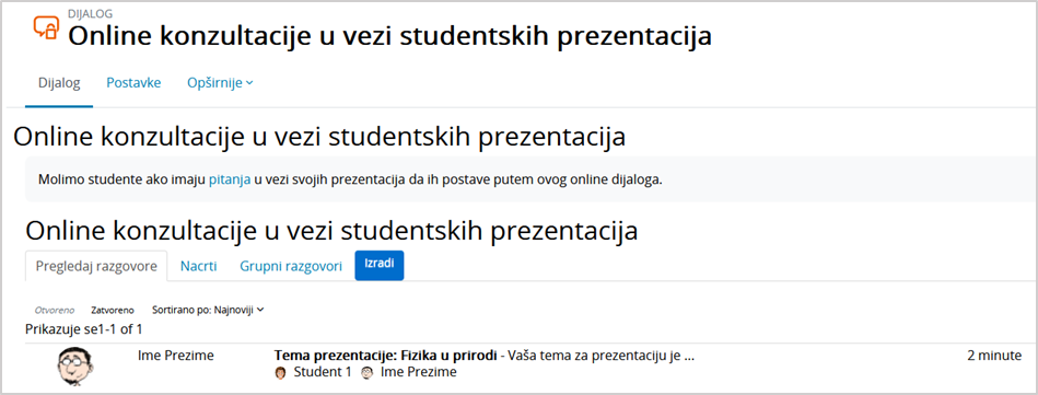 Prikaz primjera dijaloga i obavijesti o novoj poruci u Dijalogu