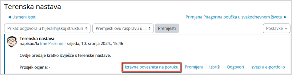 Primjer izravne poveznice na poruku u forumu