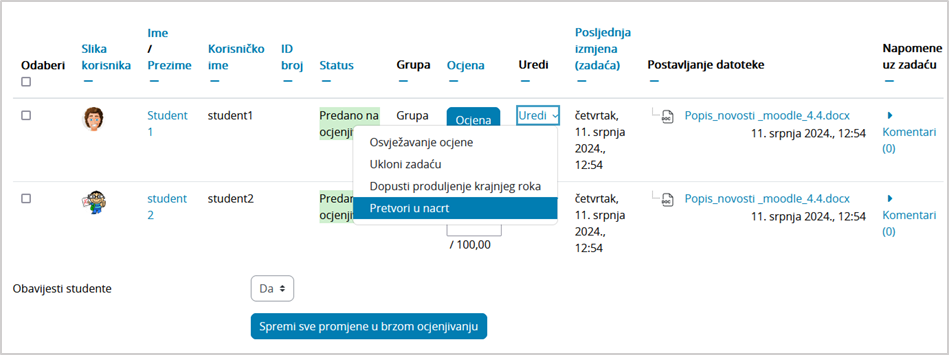 Dodatne mogućnosti nakon predaje zadaće