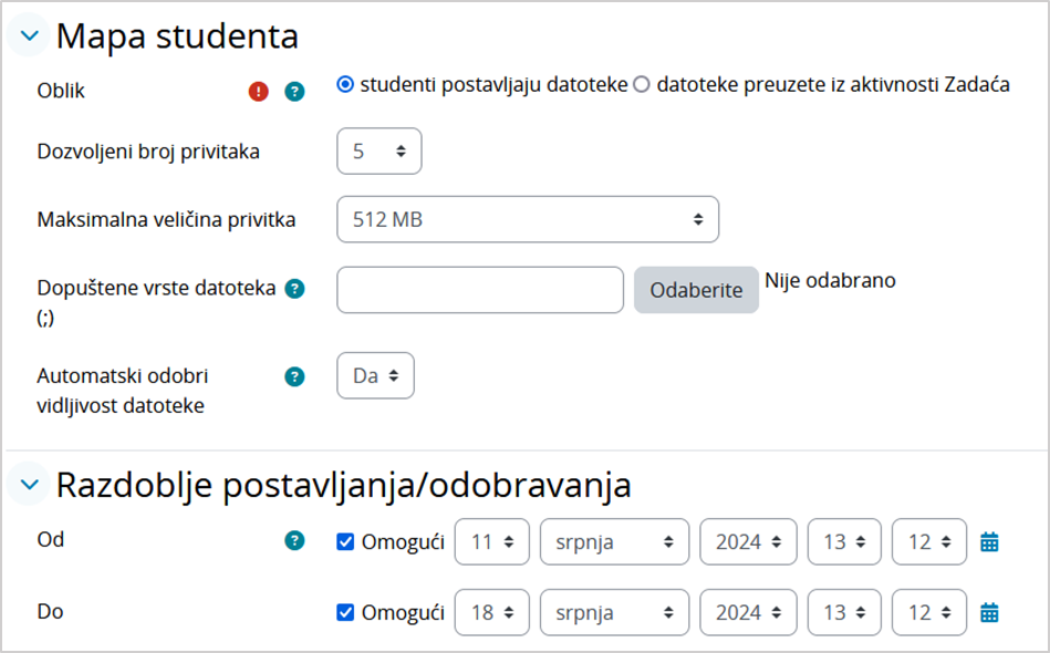 Postavke aktivnosti Mapa studenta prilikom postavljanja datoteke od strane studenta