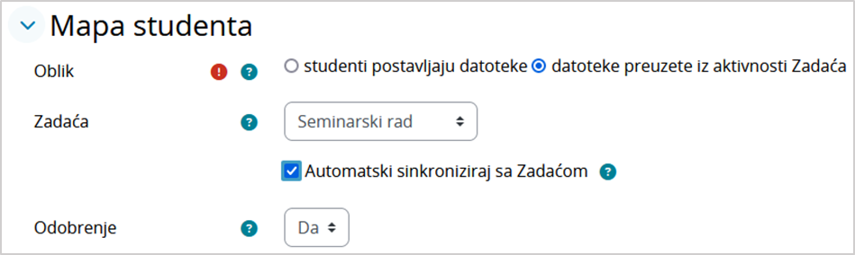 Postavke aktivnosti Mapa studenta kod datoteka preuzetih iz aktivnosti Zadaća