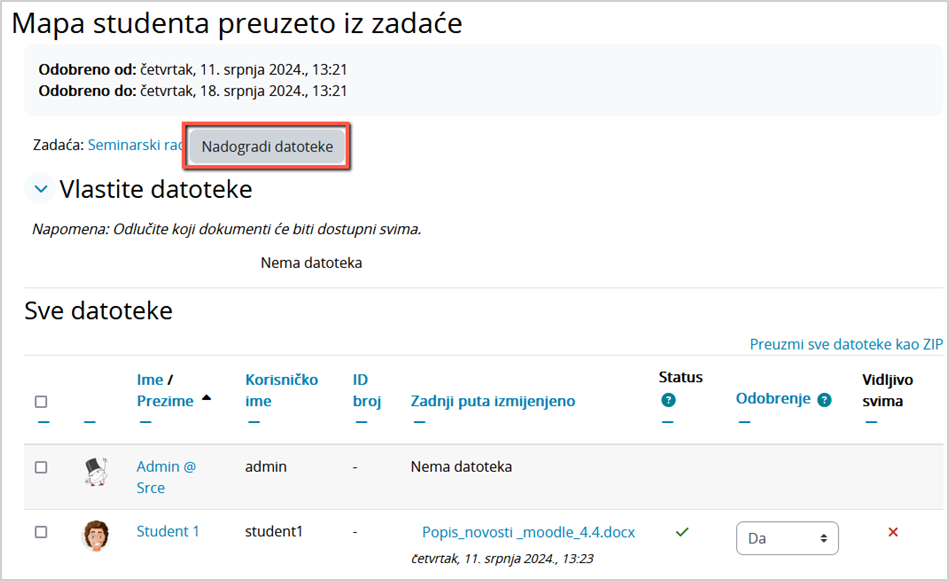 Ažuriranje datoteka preuzetih iz aktivnosti Zadaća