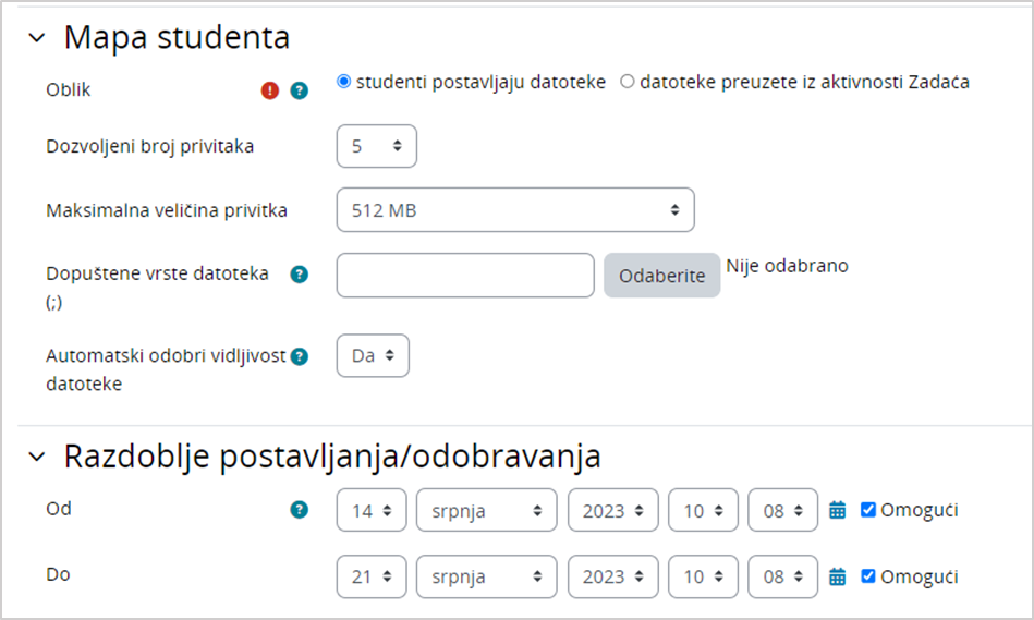 Postavke aktivnosti Mapa studenta prilikom postavljanja datoteke od strane studenata