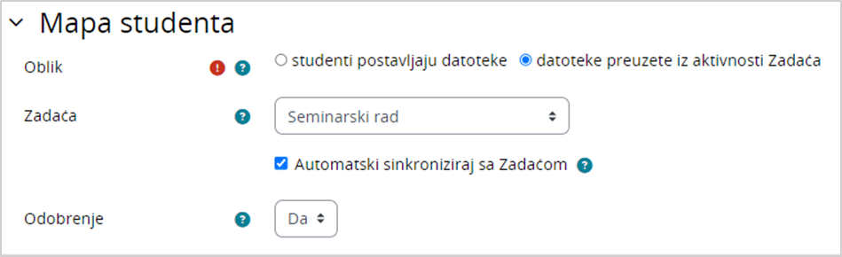 Postavke aktivnosti Mapa studenta kod datoteka preuzetih iz aktivnosti Zadaća