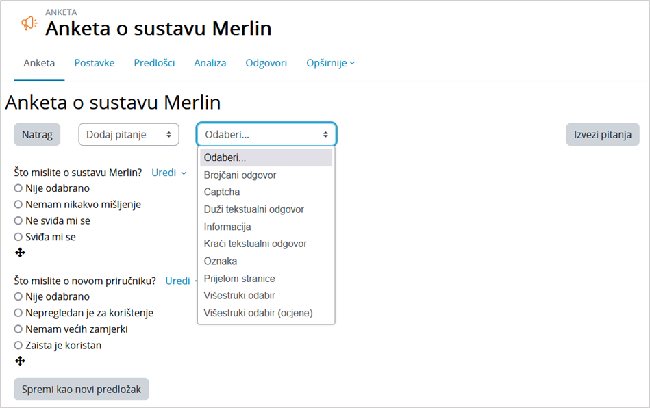 Odabir vrste pitanja za anketu