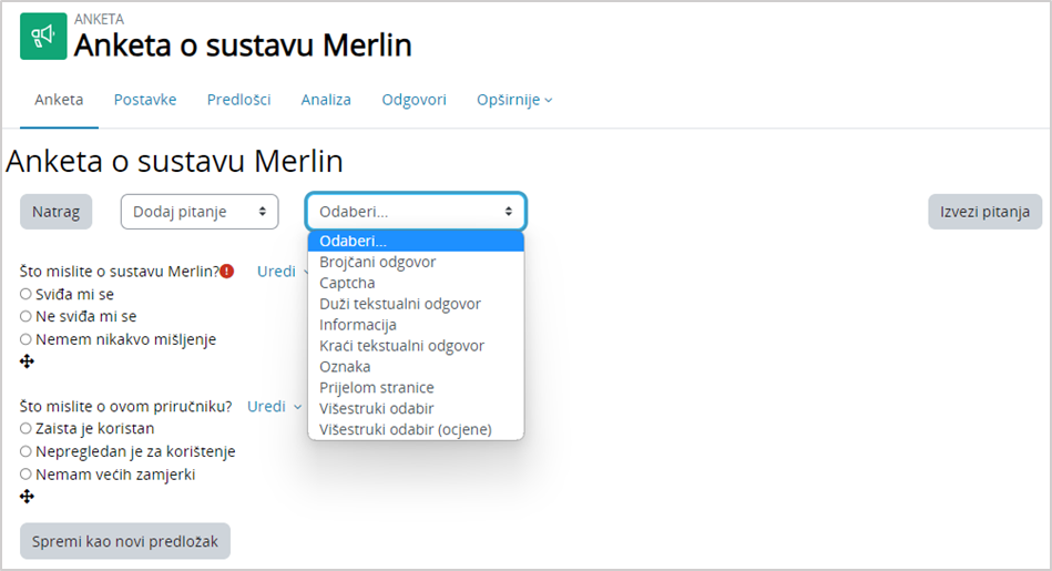 Odabir vrste pitanja za anketu