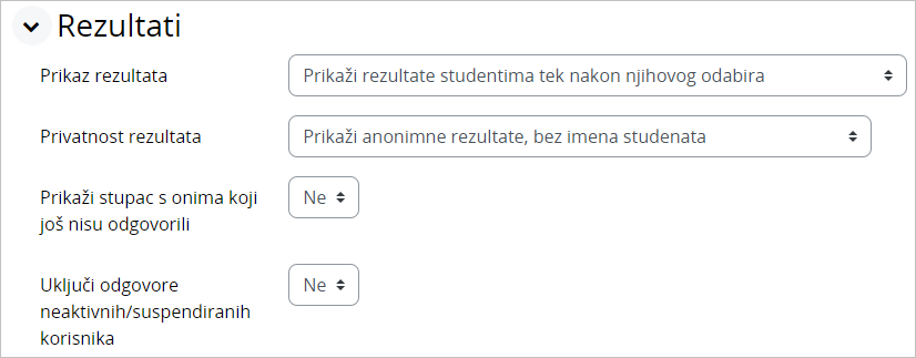 Postavke za prikaz rezultata studentima