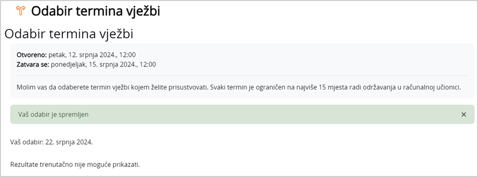 Primjer odabira bez mogućnosti izmjena odabira i prikaza rezultata