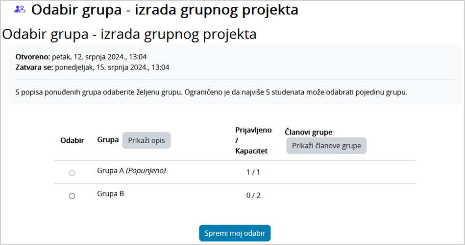 Primjer aktivnosti Odabir grupe