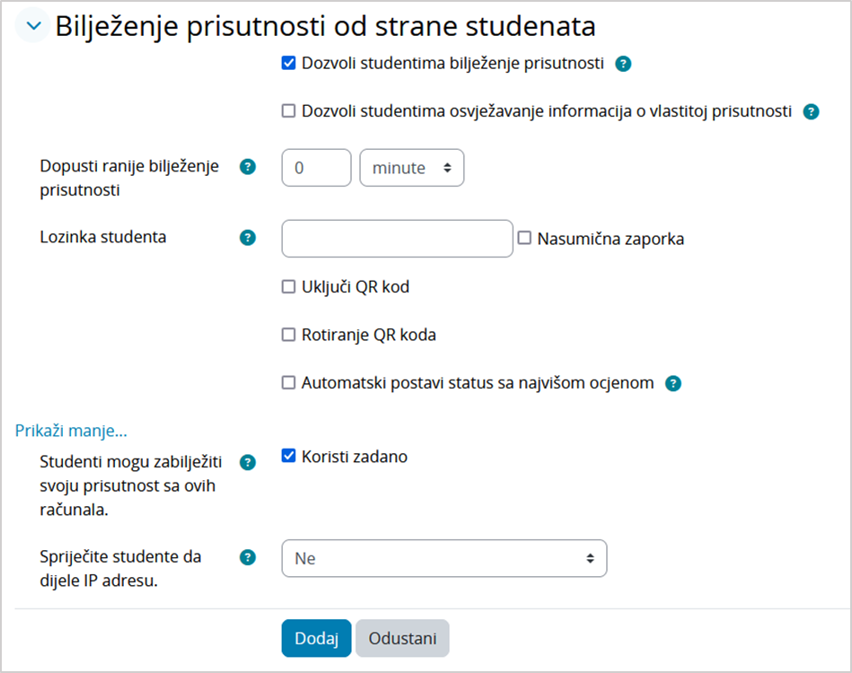 Bilježenje prisutnosti od strane studenata