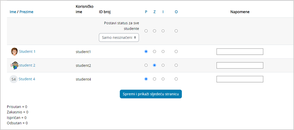 Primjer statusa kod studenta