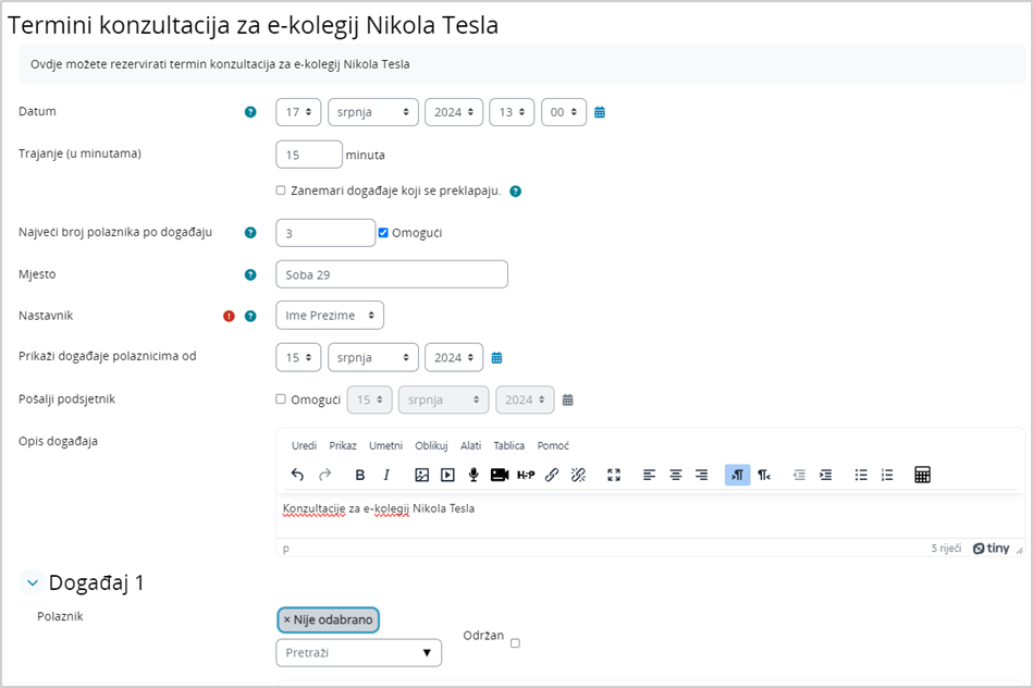 Dodavanje jednoga događaja u planer