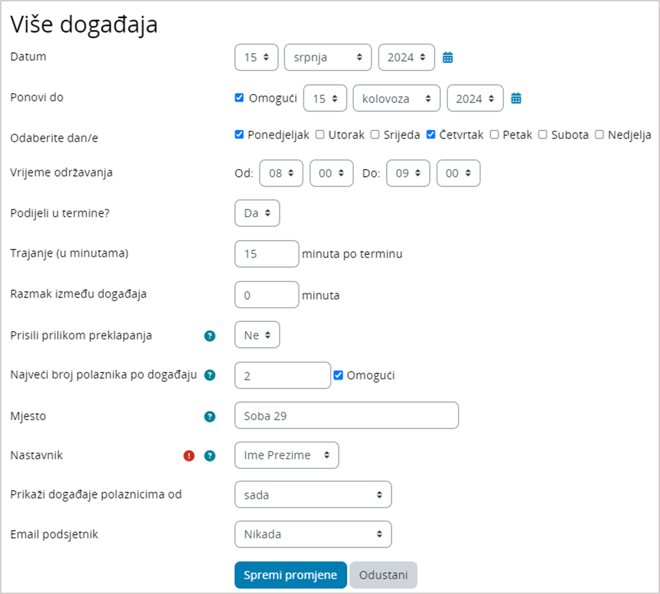 Dodavanje više događaja u planer