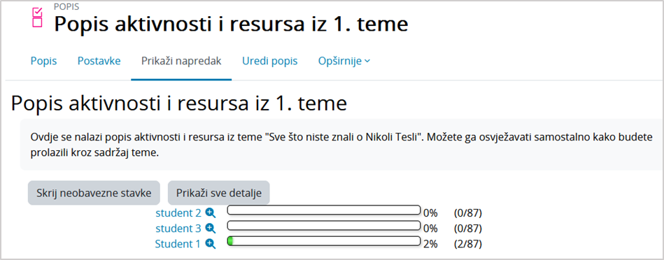 Prikaz napretka studenata