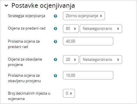 Sekcija Postavke ocjenjivanja