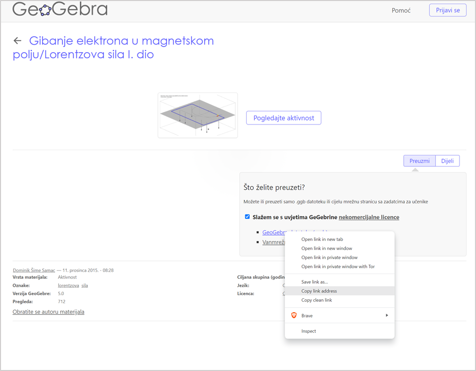 Kopiranje URL adrese GeoGebra datoteke