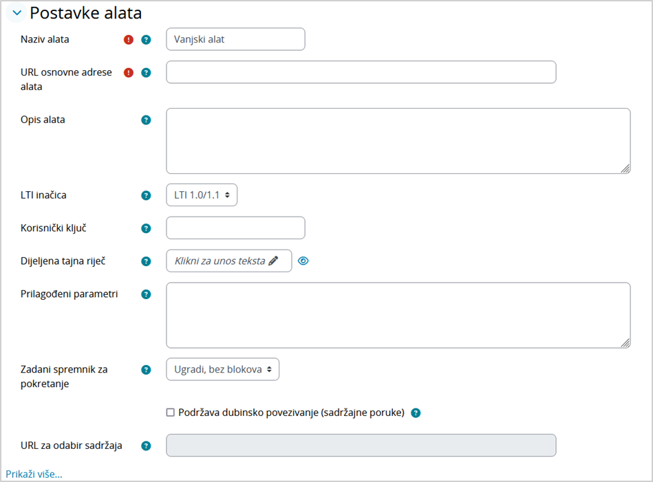 Postavke aktivnosti LTI Vanjski alat