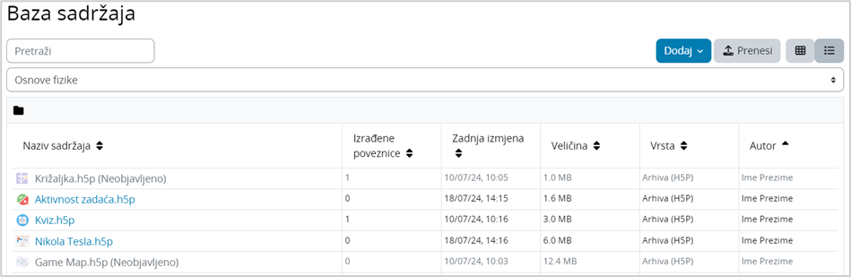 Prikaz Baze sadržaja s detaljima o datotekama