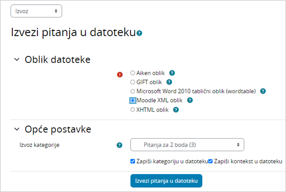 Izvoz pitanja iz Baze pitanja