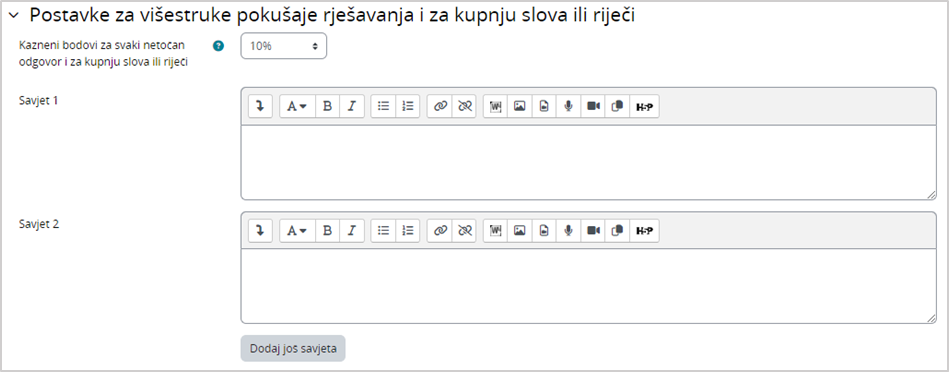 Sekcija Postavke za višestruke pokušaje rješavanja i kupnju slova ili riječi