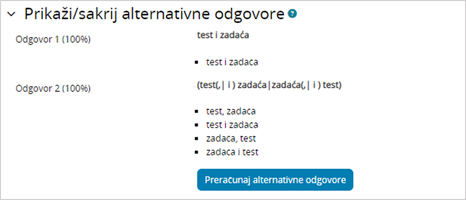 Prikaz alternativnih odgovora korištenjem regularnih izraza