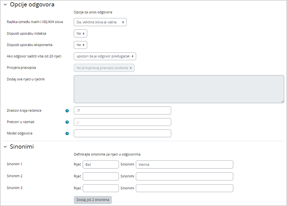 Sekcije Opcije odgovora i Sinonimi