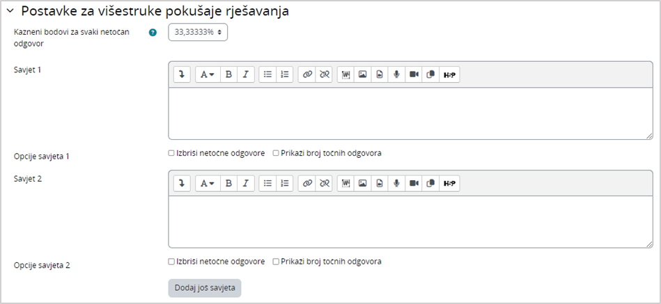 Postavke za višestruke pokušaje rješavanja