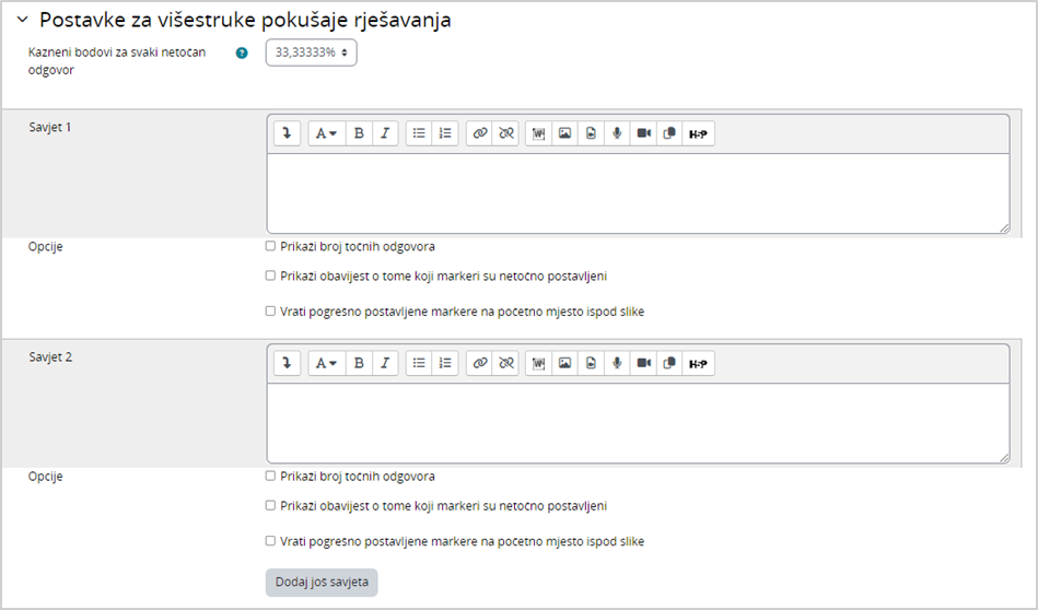 Postavke za višestruke pokušaje rješavanja