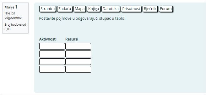 Primjer pitanja postavljanje pojma na odgovarajuće mjesto u tablici