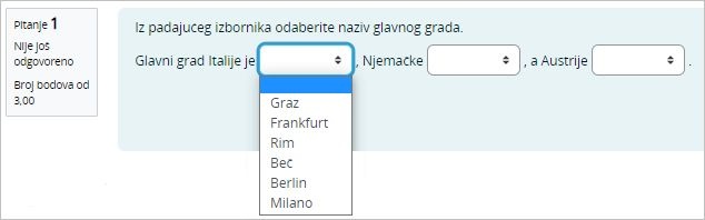 Primjer pitanja odabir pojma iz padajućeg izbornika u tekstu