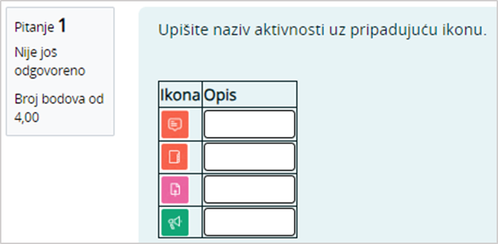 Primjer pitanja upisivanje pojma u prazno polje u tablici