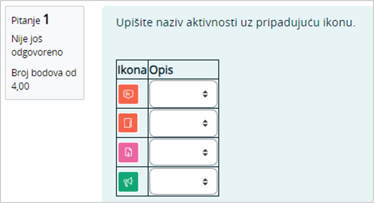 Primjer pitanja odabir pojma iz padajućeg izbornika u tablici