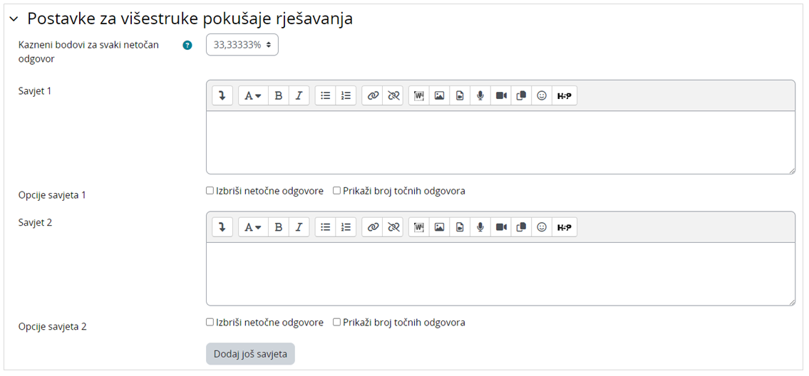 Sekcija Postavke za višestruke pokušaje rješavanja